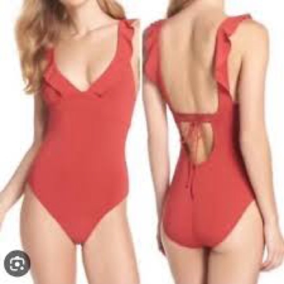 ROBIN PICCONE Lina Ruffle V-neck One Piece Size 6 Brick Red - Picture 3 of 12